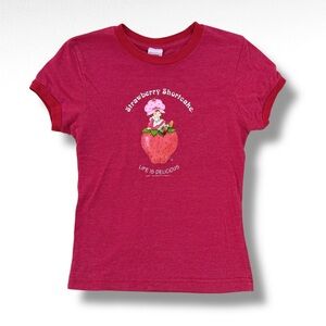 Vintage 2003 Strawberry Shortcake Ringer T-Shirt Red Size Medium Y2K Baby Tee